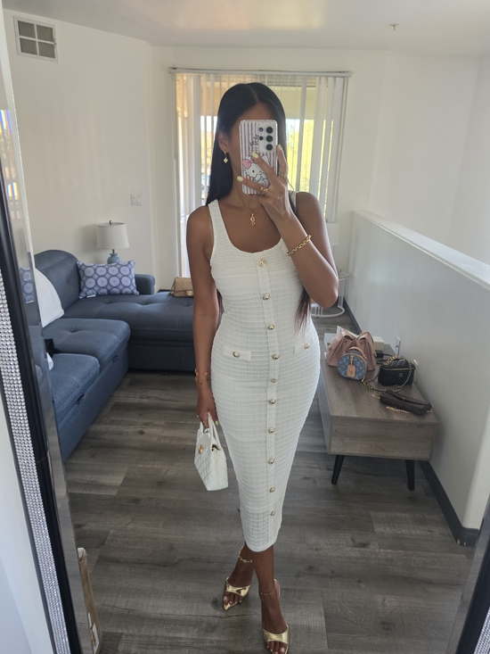 rhapsodielle Dresses & Skirts - Classic White Button-Front Tweed Midi Dress
